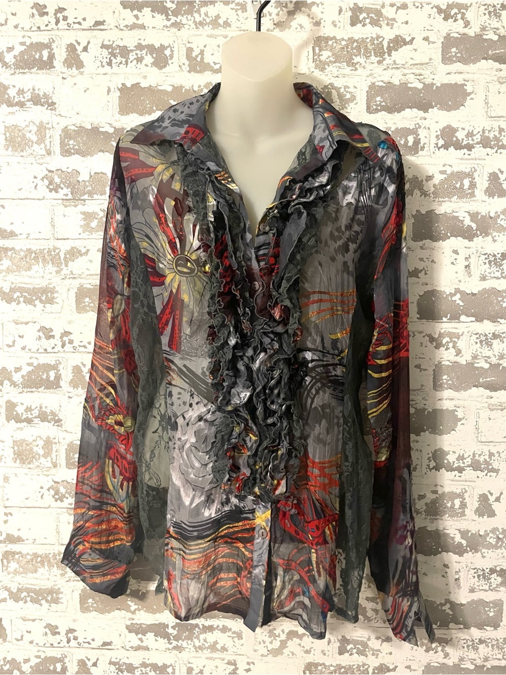 MK Solo Stella Silk Blend Sheer Ruffle Boho Blouse Size L Y2K Romantic Top - Picture 5 of 10